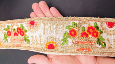 Beige Art Silk Fabric Trim With Green, Orange, Red And Gold Floral Embroidery